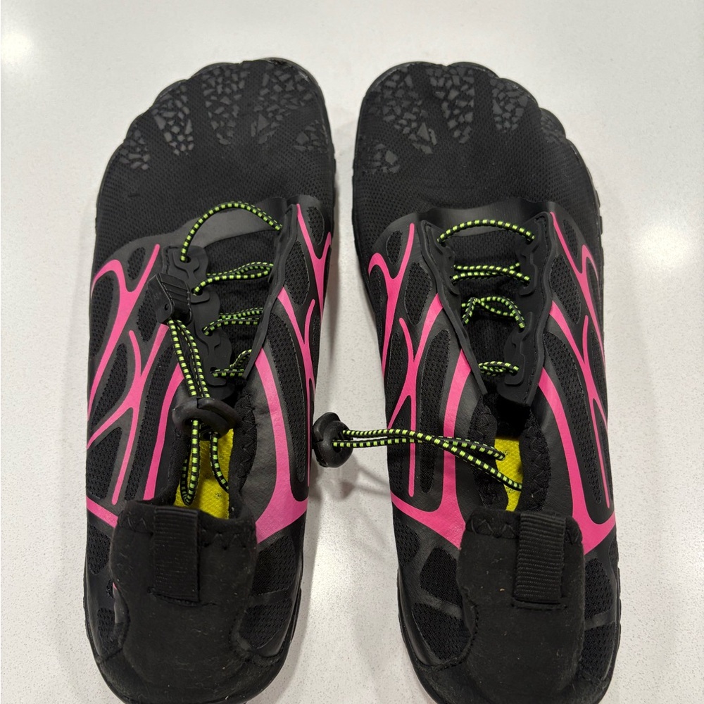 Black and Pink Toe Water Shoes with Yellow Accents